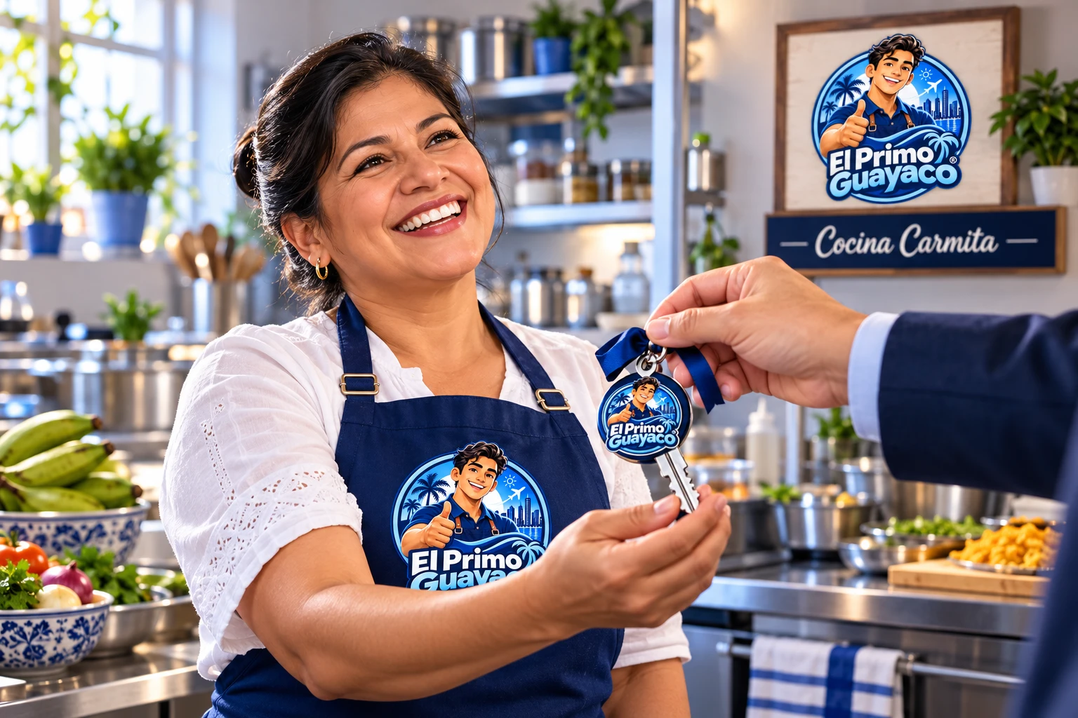 Escena conceptual: Carmita recibe la llave simbólica de su cocina El Primo Guayaco
